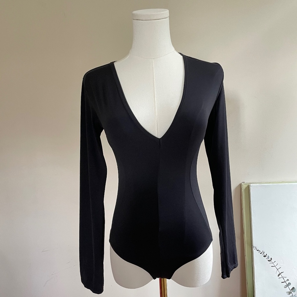 Free People Intimately Black Bodysuit XS Deep V Long Sleeve Snap Balletcore